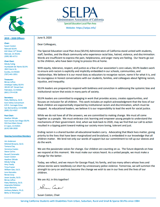 Thumbnail of the SELPA Administrators of California statement on equity and social justice, click to read document