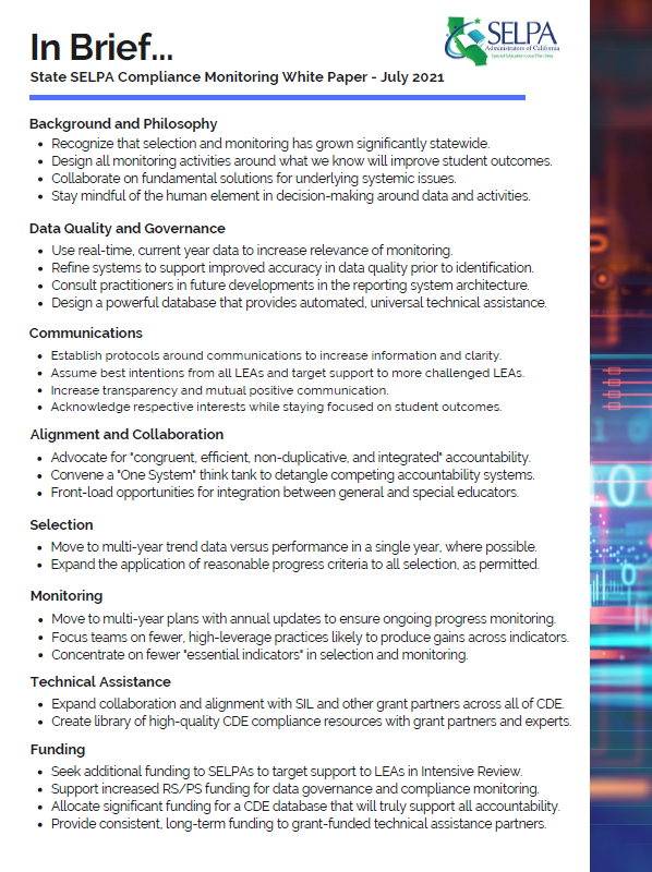 Thumbnail of SELPA Administrators of California Compliance Monitoring White Paper, click to read whole document