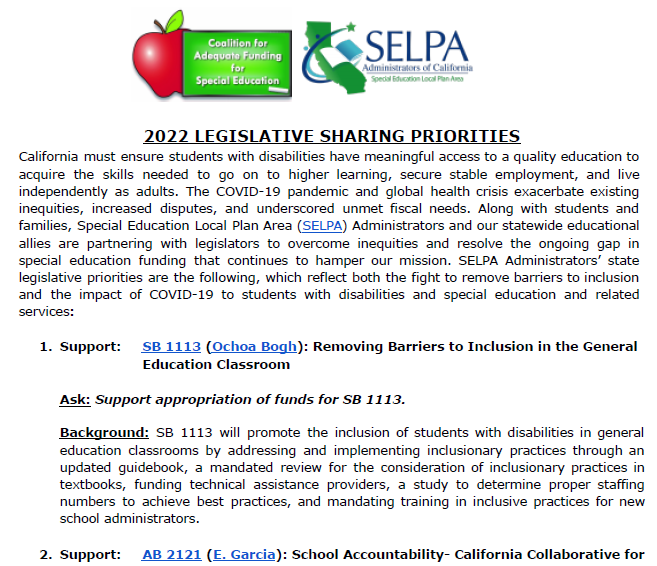 SELPA and CAFSE Legislative Priorities